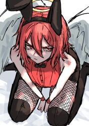 1boy 1femboy angel_devil_(chainsaw_man) angel_wings angry angry_expression angry_face annoyed annoyed_expression blush bunny_ears bunnysuit chainsaw_man femboy fishnets halo love_femboys love_peak sitting thighhigh_boots thighhighs thighhighs_over_fishnets wings