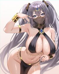 1girl absurdres alternate_costume armlet azur_lane bikini bikini_top_only black_bikini black_nails black_veil blue_eyes bracelet breasts clenched_teeth commentary criss-cross_halter crossed_bangs gold_armlet gold_bracelet gold_collar gold_ring hair_between_eyes halterneck highres huge_breasts intrepid_(azur_lane) jewelry long_hair looking_at_viewer mole mole_on_breast mouth_veil multiple_rings navel pelvic_curtain pretzel_bikini raituna ring see-through_clothes see-through_veil simple_background solo stomach swimsuit teeth twintails veil very_long_hair white_background