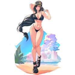 1girls athletic_female beach bikini black_hair brown_eyes cap claarin female female_only final_fantasy_vii final_fantasy_vii_remake fit_female huge_breasts long_hair looking_at_viewer seaside shoes tifa_lockhart tifa_lockhart_(lifeguard) toned_stomach voluptuous