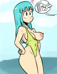 1girls ? accidental_exposure blue_eyes blue_hair boob breasts closed_mouth dragon_ball dragon_ball_z erect_nipple exposed_breast female female_only human long_hair maron nipple oblivious one-piece_swimsuit one_breast_out solo swimsuit terrible_the_drawfag tit wardrobe_malfunction