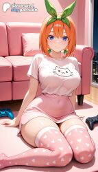 1girls 2026 ai_assisted ai_generated anime artist_name blue_eyes breasts bust camera controller explicit game_console game_controller gamepad go-toubun_no_hanayome green_ribbons hi_res high_quality high_resolution highres holding_controller nakano_yotsuba orange_hair patreon patreon_username pink_legwear playstation_controller polka_dot_legwear shoes shoes_removed skypassion stable_diffusion the_quintessential_quintuplets thighhighs watermark yotsuba_nakano