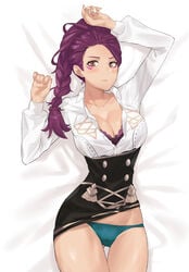 1girls big_breasts blue_panties bra brown_eyes cleavage fire_emblem fire_emblem:_three_houses garreg_mach_monastery_uniform j@ck large_breasts looking_at_viewer lying_down nintendo on_back panties petra_macneary ponytail purple_hair skirt_up solo solo_female thighs turquoise_panties