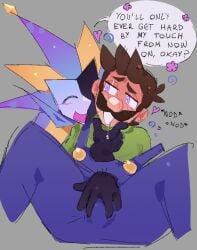 clothed consensual_hypnosis dialogue dimentio dimentiofucker69 dominant_male drooling hypnosis luigi mario_(series) mind_control nintendo paper_mario self_upload spiral_eyes submissive_male super_paper_mario toony touching_bulge