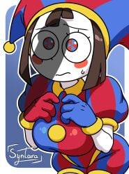 1girl 1girls big_breasts big_eyes blush brown_hair curvy curvy_female female fortnite fortnite:_battle_royale iamsyntara imminent_sex jester jester_hat jester_outfit looking_at_penis nervous penis_shadow pomni_(tadc) pomni_(the_amazing_digital_circus) sexy_body simple_background simple_coloring simple_shading sweat syntara