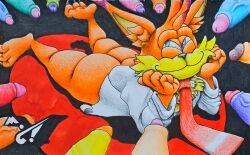 absurd_res anthro ass blue_eyes bobcat bubsy_(series) bubsy_4d bubsy_bobcat erection felid feline genitals glans group hi_res lying lynx male male/male mammal marthan_crowl_(artist) meme multi_genitalia multicolored_penis necktie on_front penis smile smirk smug smug_face smug_grin traditional_media_(artwork) vein veiny_penis