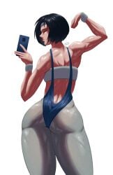1girls ass_focus athletic athletic_female black_hair closed_eyes female female_only fit fit_female flexing flexing_bicep gym_clothes headband leotard light-skinned_female sangsangatsange selfie solo solo_female sportswear tagme tights twitter_link