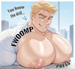 1boy ai_generated bara big_nipples blonde_hair blue_eyes henrysdar huge_pecs hyper_pecs male_only office open_clothes open_shirt pecs pecs_bigger_than_head pecs_focus revealing_clothes solo suggestive