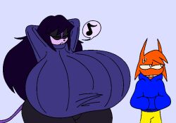 2023 2d 2d_(artwork) 2d_artwork arms_behind_head arms_up big_breasts black_hair black_pants blue_hoodie breasts_bigger_than_head breasts_bigger_than_torso caitlyn_(gremlingrounded) cat_ears cat_girl cat_humanoid cat_tail catgirl closed_eyes clothed clothing feline gremlingrounded grimace hands_in_pockets hedgehog hedgehog_boy hedgehog_ears hedgehog_humanoid hoodie long_hair looking_away musical_note orange_body original purple_body purple_sweater simple_background sleeze_(gremlingrounded) speech_bubble sweat sweater thick_thighs turtleneck yellow_pants