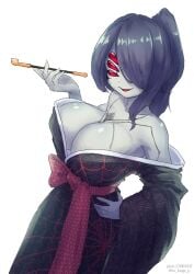 absurdres arachne_lord arthropod_girl black_hair black_kimono breasts chest_tattoo cleavage colored_skin commentary_request extra_eyes female fingernails grey_skin hair_over_one_eye hand_on_own_hip highres holding holding_smoking_pipe japanese_clothes kimono large_breasts long_fingernails long_hair looking_at_viewer mon-musu_quest! monster_girl obi off_shoulder parted_lips pixiv_id print_kimono red_eyes red_sash sash shoulder_tattoo simple_background smile smoking_pipe solo spider_girl spider_web_print tattoo to_kage_p twitter_username white_background