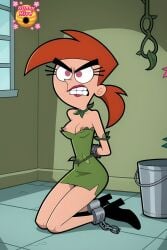 2d ai_generated angry angry_expression angry_eyes angry_face angry_female ankle_chain arms_behind_back artist_logo babysitter bare_boobs bare_breasts bare_chest bare_legs bare_shoulders bare_skin bare_thighs belt black_footwear black_high-heels black_high_heels black_highheels black_shoes bondage boobs_out breasts breasts_out breasts_out_of_clothes bucket captive captured captured_female captured_villainess chained_wrists chains cleavage cosplay cosplaying_as_character dc dress dress_pulled_down exposed_breasts eyebrows eyelashes female female_only footwear ginger ginger_female ginger_hair green_belt green_dress hands_behind_back high_heels high_resolution highres hunnyhive(artist) indoors kneeling kneeling_female kneeling_on_floor kneeling_on_ground knees knees_together large_eyebrows large_teeth leg_slit legs legs_together lipstick nickelodeon nose pink_eyes pointy_nose poison_ivy_(cosplay) ponytail ponytail_(hair) ponytail_female ponytail_hair red_hair red_hair_female redhead_female redheaded_female restrained restrained_arms restrained_female shoes shoes_on short_skirt shoulders skirt solo_female teeth teeth_bared teeth_clenched teeth_showing teeth_visible the_fairly_oddparents thighs thighs_together vicky_(fairly_odd_parents) window