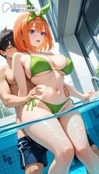 1boy 1girls 2026 ai_assisted ai_generated anime artist_name bikini black_hair blue_eyes breasts bust explicit go-toubun_no_hanayome green_bikini hi_res high_quality high_resolution highres nakano_yotsuba navel orange_hair patreon patreon_username pool poolside side-tie_bikini skypassion stable_diffusion swimsuit the_quintessential_quintuplets tiles water watermark yotsuba_nakano