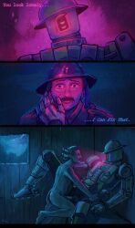armor army army_uniform brown_hair comic dialogue duo facial_hair genitals hair hand_on_face headgear helmet hi_res human inside interspecies intimate light lighting looking_at_another looking_pleasured machine male male/male mammal military moustache night nude oxtraart penetration penis raised_leg robot romantic seductive size_difference text world_war_1