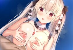 1boy 1girls :o ame_sagari azur_lane bare_arms bare_shoulders black_bow blush bow breasts cum detached_collar dutch_angle female formidable_(azur_lane) hairbow large_breasts light-skinned_female light-skinned_male light_skin long_hair looking_at_viewer nipples open_mouth paizuri penis red_eyes royal_navy_(azur_lane) silver_hair solo_focus straight twintails