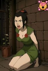 2d ai_generated angry angry_expression angry_eyes angry_face angry_female arms_behind_back artist_logo avatar:_the_last_airbender avatar_the_last_airbender azula bare_arms bare_feet bare_foot bare_skin bare_thighs black_hair black_hair_female bondage breasts brown_eyes brown_hair brunette-haired_female brunette_female brunette_hair brunette_hair_female captive captured captured_female captured_villainess cell chained chained_ankles chained_to_wall chained_wrists chains cleavage clothed clothed_female clothes clothing collarbone collarbones cosplay cosplaying_as_character dc dc_comics dress dungeon eyebrows eyes eyes_open female female_only firebender flower flowers forehead fully_clothed fully_clothed_female green_clothing green_dress hair hair_bun hair_up hands_behind_back high_resolution highres human hunnyhive(artist) indoors jail_cell kneeling kneeling_female kneeling_on_floor kneeling_on_ground knees knees_together legs legs_together light-skinned_female light_skin lips lipstick metahuman mouth nickelodeon nose open_eyes open_mouth parted_bangs poison_ivy_(cosplay) potted_plant restrained solo solo_female straight teeth teeth_showing teeth_visible thighs thighs_together tongue