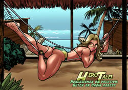 1girls ankle_monitor big_ass big_lips bikini blonde_hair cabin dutch_(hero_tales) feet_up female glasses green_eyes hammock hero_tales laying_on_stomach long_legs muscular_female muscular_thighs pinup rabies-t-lagomorph solo thick_thighs vacation