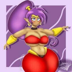 1girl 1girls ass big_ass big_boobs big_breasts big_hips blue_eyes blush blushing blushing_at_viewer blushing_female boobs breasts clevage earrings female female_focus female_only genie genie_girl hips hips_wider_than_shoulders hourglass_figure hourglass_figured_female pointed_ears pointy_ears ponytail purple_hair scribbleman123 shaking_hips shaking_lines shantae shantae_(character) solo solo_female solo_focus tan_skin wayforward