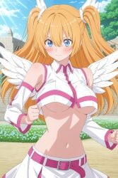 2.5_jigen_no_ririsa ai_generated amano_ririsa angel angel_wings bare_shoulders belt blonde_hair blue_eyes blue_sky blush breasts closed_mouth cloud crop_top day detached_sleeves digitalwaifugallery feathered_wings female female_only hair_between_eyes halo hi_res high_quality high_resolution large_breasts long_hair looking_at_viewer medium_breasts midriff miniskirt navel orange_hair outdoors patreon seductive sexy skirt sky sleeveless_shirt solo standing two_side_up uncensored underboob watermark white_skirt white_wings wings