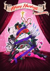 absurd_res anthro anus areola breasts butt_stack canid canid_demon canine christmas christmas_tree_position demon demon_humanoid eyelashes feet female genitals glistening_eyelids group hellaverse hellhound helluva_boss hi_res high-bear holidays hooves horn horned_humanoid humanoid imp long_eyelashes looking_at_viewer looking_back looking_back_at_viewer loona_(helluva_boss) mammal millie_(helluva_boss) mythological_canine mythological_creature mythology nipple_dip nude octavia_(helluva_boss) owl_demon pawpads piercing rear_view spade_tail stella_(helluva_boss) tail tailed_humanoid thick_thighs tuft verosika_mayday vulva wide_hips