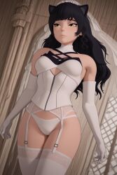 ai_generated amber_eyes belladonna_(rwby) black_hair blake_belladonna bridal_lingerie bridal_veil cat_ears catgirl cathedral church cleavage corset detailed faunus female garter_straps gloves hi_res high_detail indoors large_breasts lingerie long_gloves long_hair looking_forward neutral_expression panties realistic_shading rwby serious slim solo stockings thighhighs underwear veil wedding wedding_attire white_lingerie
