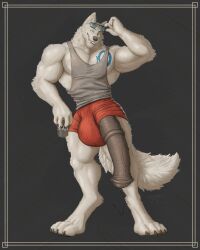 2023 animal_genitalia animal_penis anthro balls big_balls big_penis black_background blue_tattoo bodily_fluids bottomwear can chest_tattoo claws clothed clothed_male clothing container dated detailed detailed_fur equine_genitalia equine_penis erection eyewear flared_penis fur genital_fluids genitals glasses hi_res holding_can holding_container holding_object huge_balls huge_cock hyper hyper_genitalia hyper_penis leaking_precum lifting_glasses looking_at_viewer male masterokami medial_ring muscular muscular_male okami_(masterokami) penis penis_poking_out precum red_bottomwear red_clothing red_shorts sharp_teeth shirt shorts signature simple_background smile smiling_at_viewer solo standing tail tank_top tattoo teeth topwear white_body white_fur