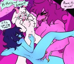 1boy 2girls blue_skin deltarune dirty_talk fingering goat hairy_pussy handjob kris_(deltarune) kris_female_(deltarune) lizard long_hair meekzhyu purple_skin ralsei susie_(deltarune) threesome twink