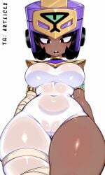 ai_generated blush brawl_stars breasts breasts_out brown_body cameltoe egyptian erect_nipples from_below green_eyes helmet juicy large_breasts multicolored_hair najia_(brawl_stars) naked navel nipples_visible_through_clothing nude pink_thong pussy seductive sexy short short_shorts shorts shy simple_background smile submissive supercell thighs