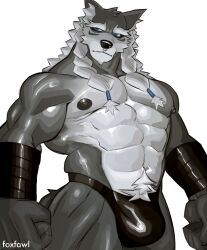 anthro bulge canid canine canis clothing digital_media_(artwork) foxfawl fur grey_body grey_fur hair hi_res male male_only mammal muscular muscular_anthro muscular_male nipples piercing simple_background solo underwear white_body white_fur