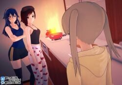 3d 3girls accident alternate_costume armpit_crease bare_arms bare_shoulders black_eyes black_hair black_shorts black_thighhighs blue_eyes blue_hair brand_of_the_exalt breasts camisole cleavage collarbone crop_top crossed_arms crossover cutting_board duo_focus eastern_and_western_character expressionless faucet fefreak726 female female_only fire fire_emblem fire_emblem_awakening from_behind frying_pan gradient_hair grey_hair hair_between_eyes heart_print hoodie indoors kitchen long_hair looking_at_another lucina_(fire_emblem) maka_albarn mask medium_breasts medium_hair meme midriff multicolored_hair multiple_girls navel nintendo red_hair ruby_rose rwby short_hair shorts shoulders sink sleeping_mask small_breasts soul_eater standing stove symbol-shaped_pupils tank_top teapot thighhighs thighs tiara twintails yellow_hoodie yoga_pants
