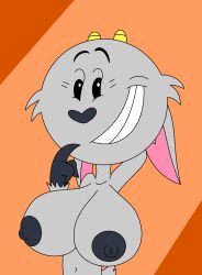 1boy 2021 anthro arm_behind_head background big_breasts breasts bust_portrait busty casual_nudity colored digital_drawing digital_media_(artwork) ears_down female flat_colors flavio fur furry genderswap genderswap_(mtf) glance goat goat_horns grey_body grey_fur grey_hooves heart_nose heavymetalrules hi_res hooved_hands hooves horns horns_and_hooves huge_breasts large_breasts looking_at_viewer male male_only mammal navel nickelodeon nipples orange_background pinup random!_cartoons rule_63 simple_background smile solo tail wide_hips