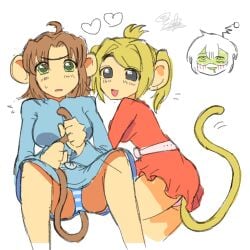 2girls annoyed_expression belt big_eyes blue_panties brown_hair cell_shading cute gijinka green_eyes gus_(rocket_monkeys) heart hearts_around_head holding_tail humanization humanized magma_(software) moe_art monkey_ears monkey_tail panties panty_peek pantyshot pink_panties rocket_monkeys rule_63 self_upload sketch t0astand3ggs t0astandeggs tagme twintails unibrow wally_(rocket_monkeys) yay-ok yellow_hair
