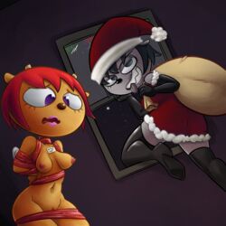 1:1 absurd_res anthro bondage bound bovid breasts caprine christmas clothing duo female hair hi_res holidays lammy_lamb legwear mammal nipples nude parappa_the_rapper purple_eyes red_hair sheep sr thigh_highs tongue um_jammer_lammy