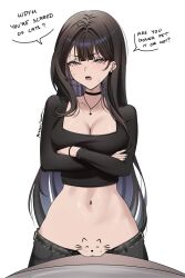 absurdres black_hair breasts cleavage clitoral_hood clothes_pull colored_inner_hair commentary cross cross_necklace crossed_arms do_you_want_to_pet_my_cat_(meme) ear_piercing earrings english_commentary english_text facial_mark female grey_eyes heart heart_facial_mark highres inverted_cross inverted_cross_necklace jewelry looking_at_viewer mole mole_under_eye multicolored_hair nabi_(wonnikon) navel necklace original pants pants_pull piercing pussy solo standing sweat white_background wonnikon