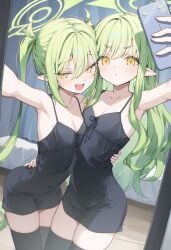 2girls armpits artist_request blue_archive bratty expressionless green_hair halo highlander_railroad_academy_student hikari_(blue_archive) legwear nightwear nozomi_(blue_archive) pointy_ears selfie small_breasts
