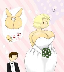 1950s 1boy 1girls 2d 2d_(artwork) 50one american_flag areola_slip balls ballsack big_ass big_breasts blonde_female blonde_hair child_bearing_hips flowers giantess hollie_all_american larger_female mating_press small_dom_big_sub smaller_male voluptuous wedding_dress wedding_ring wedding_veil wide_hips