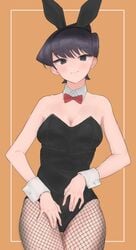 1girls alternate_costume animal_ears black_hair breasts bunny_ears bunnysuit cosplay impossible_clothes komi-san_wa_komyushou_desu komi_shuuko looking_at_viewer milf revealing_clothes short_hair smile solo takita