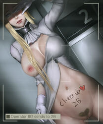 1girls blonde_hair blush body_writing bottomless breasts english_text female gloves high_resolution highres inverted_nipples limgae long_hair navel nier nier:_automata one_breast_out parted_lips pubic_hair solo text uncensored viewfinder white_gloves yorha_commander