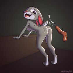 1:1 absurd_res anthro ass balls bodily_fluids breasts cum disney female genital_fluids hi_res judy_hopps lagomorph leporid mammal nipples noxfurybox nude penis pussy rabbit small_breasts smile solo zootopia