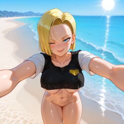 :p ;p ai_generated android_18 beach blonde_hair blue_eyes blue_sky blush bottomless breasts crop_top cropped_shirt day dragon_ball dragon_ball_z earrings foreshortening jewelry large_breasts looking_at_viewer navel ocean one_eye_closed outdoors outstretched_arms reaching reaching_towards_viewer sand selfie shiny_skin shirt shore short_hair short_sleeves sky smile solo stomach sun sunlight sweat thighs tongue tongue_out twoderrick underboob water wet