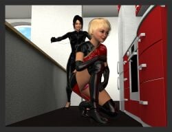 3d 3d_(artwork) 3d_comic age_difference armwear black_armwear black_bodysuit black_hair_female black_high_heel_boots blonde_hair_female bodysuit crouching_female evil_smile garrote heroine heroine_and_antagonist imminent_death imminent_defeat kneeling miniskirt oblivious pink_panties pink_thong red_miniskirt red_skirt ropeman1 sandra_(ropeman1) short_skirt skirt skirt_lift super_heroine superheroine textless thong upskirt victory_celebration xiao_sisters
