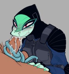 after_orgasm anthro armor balaclava blush bodily_fluids body_armor brown_body brown_skin bulletproof_vest colored_nails cum cum_in_mouth cum_inside digital_drawing_(artwork) digital_media_(artwork) duo fellatio female genital_fluids genitals green_body green_skin humanoid_genitalia humanoid_penis lenyavok lizard long_sleeve_shirt long_tongue looking_at_another male male/female mask nails offscreen_character oral penile penis penis_in_mouth red_eyes reptile rinse_(lenyavok) saliva scalie sex shoulder_pads simple_background solo_focus tongue tongue_around_penis