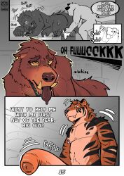 absurd_res anthro anthro_on_anthro balls big_balls big_penis blush bodily_fluids body_size_growth breath canid canine comic cum darius_(picantetortuga) dialogue digital_media_(artwork) drooling duo ear_piercing ear_ring english_text erection excessive_genital_fluids exhausted eye_scar facial_scar fangs felid foreskin genital_fluids genitals growth heart_eyes heart_symbol hi_res huge_balls huge_cock humanoid_genitalia hypnosis juno_(picantetortuga) larger_male male male/male mammal mind_control muscular mythological_canine mythological_creature mythology nipple_piercing nipples nude open_mouth pantherine panting penis picantetortuga piercing potion potion_bottle ring_piercing ringed_eyes saliva scar size_difference size_transformation small_dom_big_sub smaller_male smile spiral spiral_eyes stripes sweat tail teeth text tiger tongue tongue_out transformation
