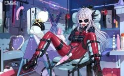 ball_gag blush bodysuit bolero_straitjacket bondage bound bound_arms bound_legs breasts dildo drooling egg_vibrator fate/grand_order fate_(series) female gag gagged green_hair high_heelsfeather highres hitachi_magic_wand indoors latex latex_bodysuit liclac long_hair navel restrained saika_magoichi_(fate) separated_legs sex_toy skin_tight small_breasts stomach straitjacket trembling very_long_hair vibrator wiffle_gag