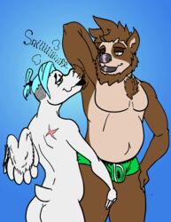 2019 absurd_res anthro armpit_fetish armpit_hair ass body_hair bulge canid canine clothed clothing couple_(disambiguation) duo flynt_(flyntdraws) fur girly hair hi_res humanoid invalid_tag male male/male mammal musk noodle_(zenarator) nude open_mouth raised_arm reptile scalie simple_background smell smelly smile snake text wings zenarator_(artist)