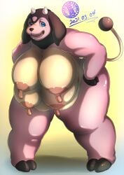 4_breasts anthro big_breasts blue_eyes bovid bovine breasts cattle female generation_2_pokemon glistening glistening_breasts gradient_background hi_res huge_breasts looking_at_viewer mammal miltank mole_under_eye multi_breast nintendo nipples open_mouth overweight overweight_anthro overweight_female pink_body pokemon pokemon_(species) raised_tail sasanoha6011 simple_background smile solo tail thick_thighs