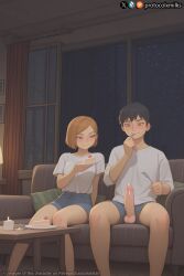 1boy ai_generated black_hair blue_shorts blush brown_eyes brown_hair cake cake_slice candle couch cum cumming cute eating embarrassed erection female food food_play fork holding holding_fork indoors jujutsu_kaisen kawai kugisaki_nobara night night_sky penis plate protocolxmilks shirt short_hair short_sleeves shorts sitting sky smile spread_legs starry_sky straight testicles uncensored white_shirt window