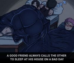 2d 2d_(artwork) ass ass_bigger_than_head ass_crack blush boner bottom_heavy english_text enormous_ass erection erection_under_blanket flustered_male gigantic_ass huge_ass itadori_yuuji jujutsu_kaisen massive_ass masturbating masturbation pervert_male round_ass round_butt sleeping theodyss thick_ass thick_legs thick_thighs wide_ass wide_thighs yuta_okkotsu zenin_maki