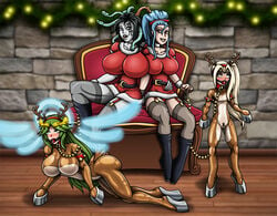 4girls amazon_pandora ball_gag blush bodysuit christmas crotch_zipper edit femdom femsub garter_belt hoof_boots hoof_gloves hourglass_figure kid_icarus kid_icarus_uprising large_breasts latex leash medusa medusa_(kid_icarus) multiple_girls palutena re-maker reindeer_antlers reindeer_costume remaker santa_costume small_breasts third-party_edit viridi yuri