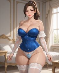 ai_generated bedroom blurry_background bridal_gauntlets bridal_stockings brunette_hair cleavage corset curtains female frilled_gloves hair_strand indoors lace_gloves lace_stockings lace_thighhighs large_breasts lipstick long_gloves luxurious luxurious_room luxury milf mole_on_breast panties pelvic_line ponytail rgomez007 seductive_look self_upload skindentation smiling_at_viewer solo_female stable_diffusion standing thick_lips thick_thighs thighhighs thong_panties warm_lighting wide_hips window window_light
