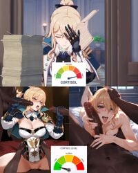 3koma ai_generated big_black_cock big_cock big_penis blonde_hair blowjob blue_eyes dark-skinned_male edit genshin_impact hoyoverse interracial jean_gunnhildr licking_penis light-skinned_female meme mihoyo paper paperwork ponytail stressed