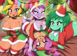 4girls ass blonde_hair blue_eyes blush bmayneart breasts christmas cleavage female female_only genie green_hair huge_breasts large_breasts long_hair multiple_girls open_mouth pirate purple_hair risky_boots rottytops santa_hat shantae shantae_(character) shimapan sky_(shantae) symmetrical_docking wayforward yuri zombie